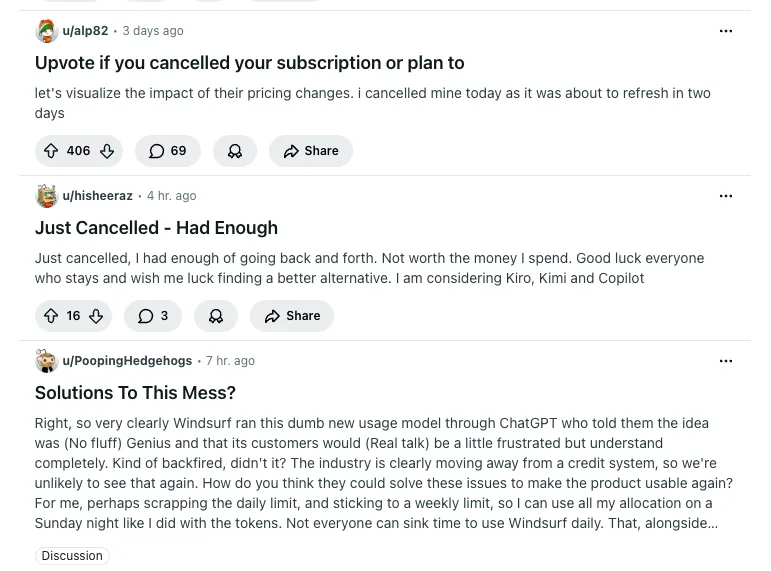 Users cancelling Windsurf because they burn through credits
